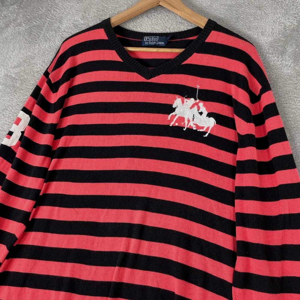 Polo Ralph Lauren Big Pony Sweater Mens 2XL Pink Black Striped V-Neck Vintage